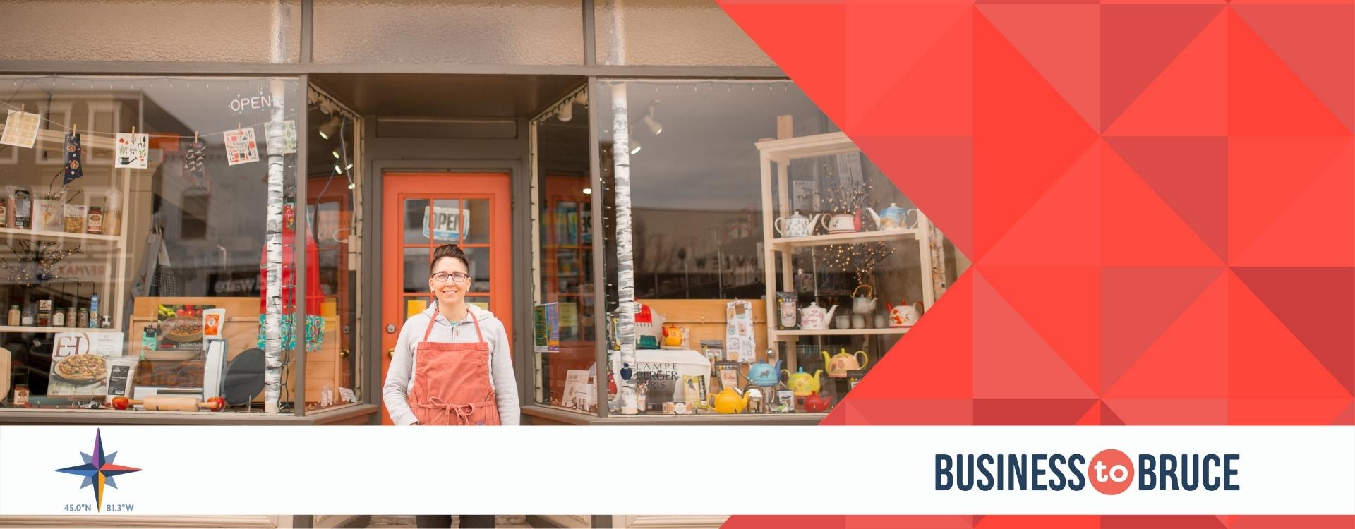 Women standing in front of business